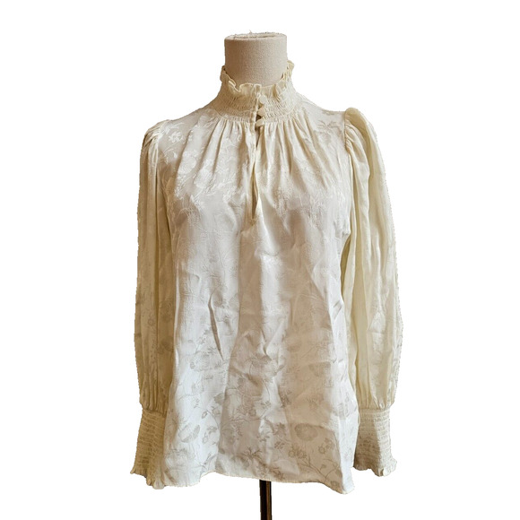 Shoshanna Lyam High-Neck Bishop‎ Top Long Sleeve Ruffle Smocked Cuffs Small - Picture 2 of 7
